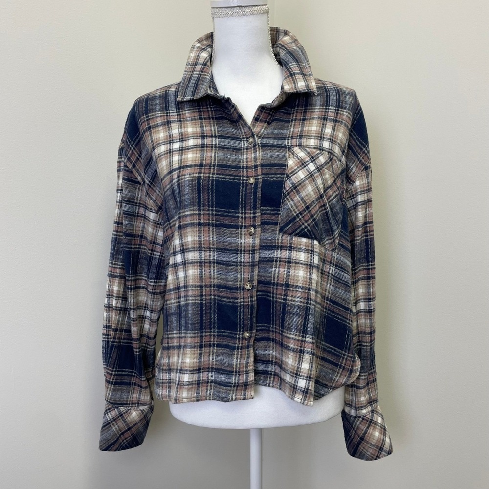 Scotch & Soda Womens Plaid Flannel Button Down Shirt Navy Pink Cropped Medium